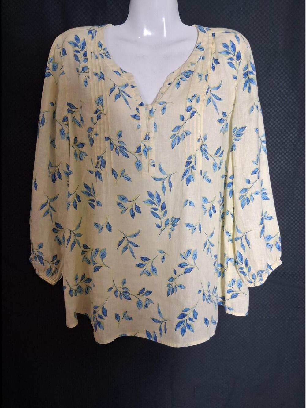 J Jill Love Linen Women's Yellow Blue Floral Pintuck Linen Long Sleeve Top, M